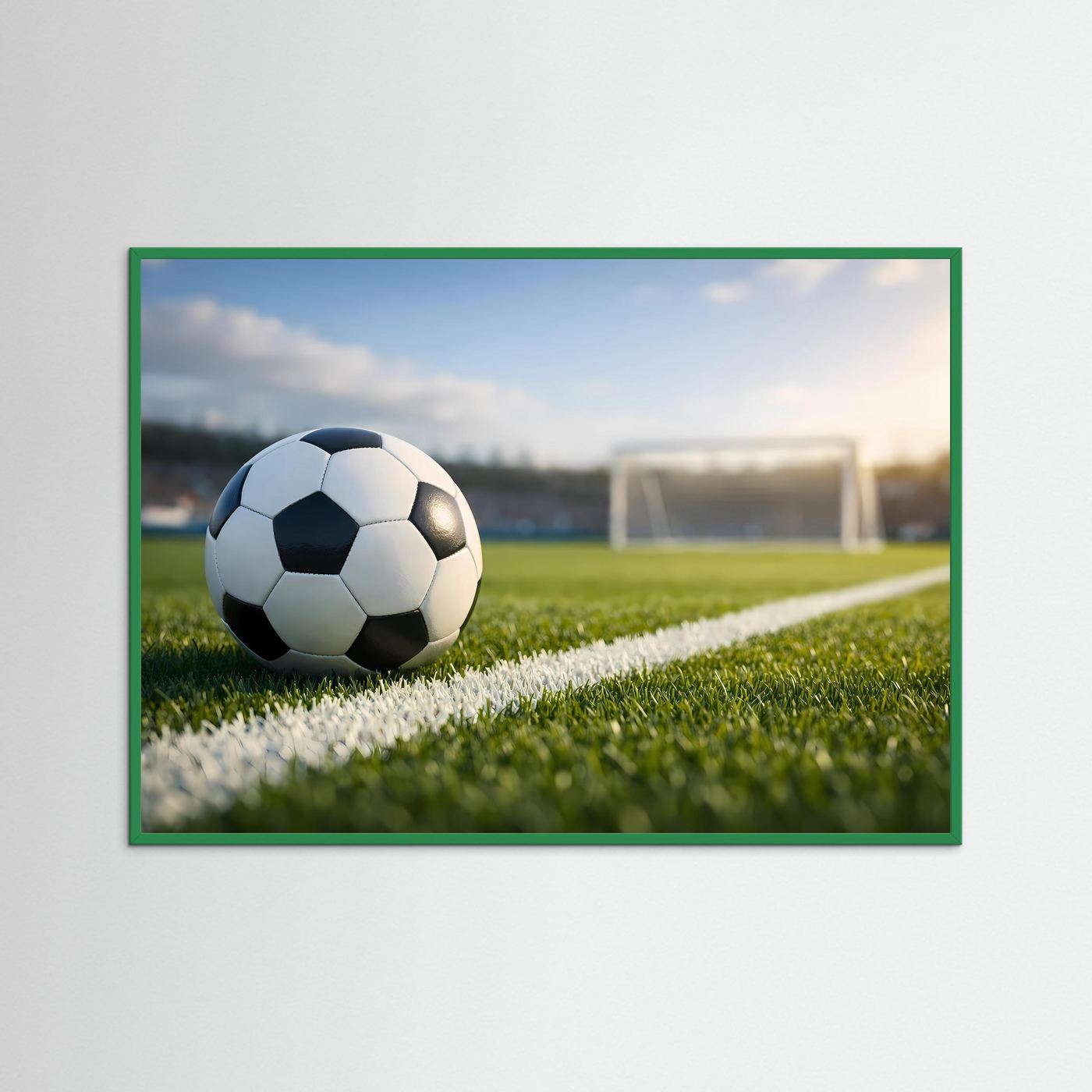 Sport-Poster im Querformat mit Fußball auf grünem Rasen nahe dem Tor, mit grünem Rahmen