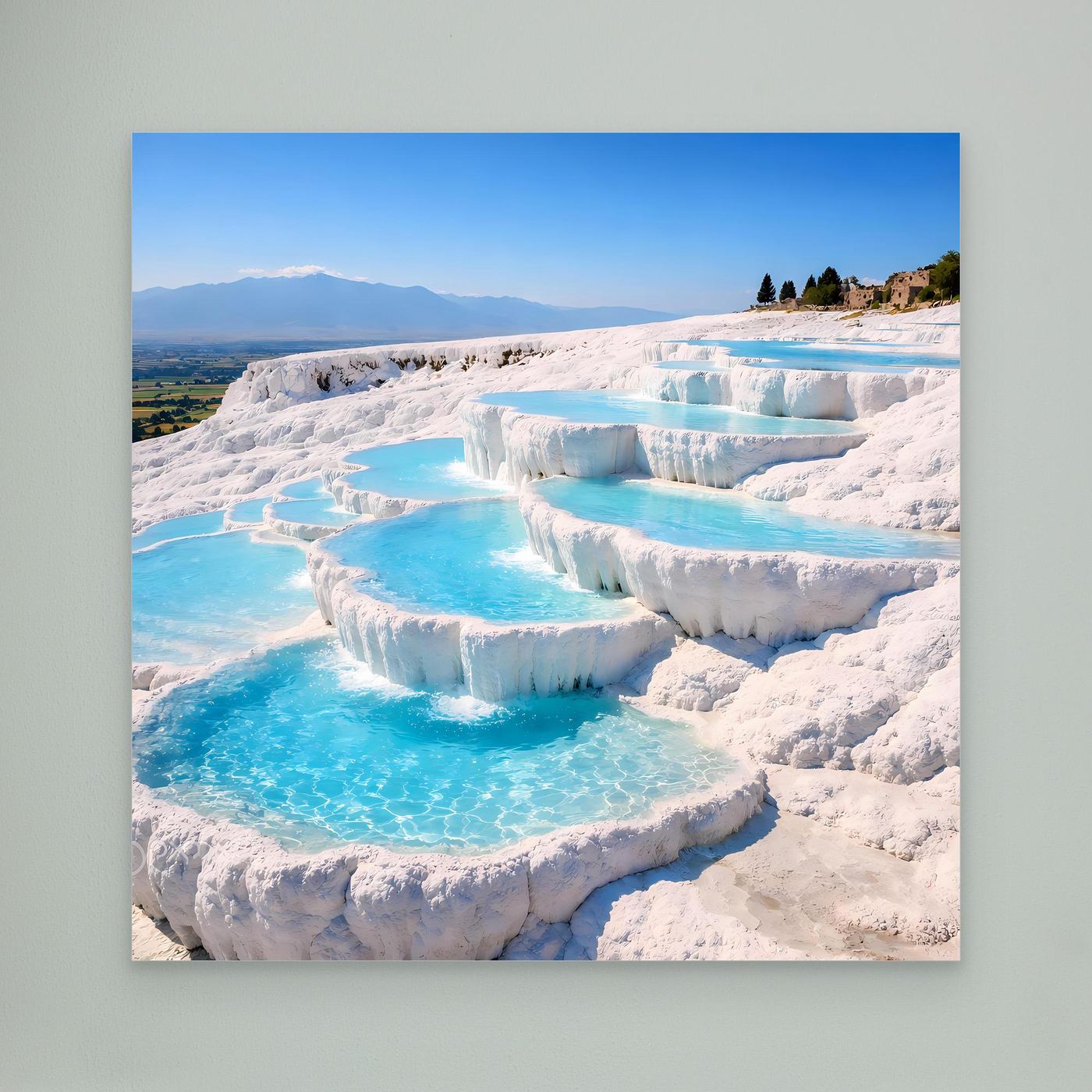 Leinwandbild: türkisfarbene Thermalbecken und weiße Kalkterrassen von Pamukkale
