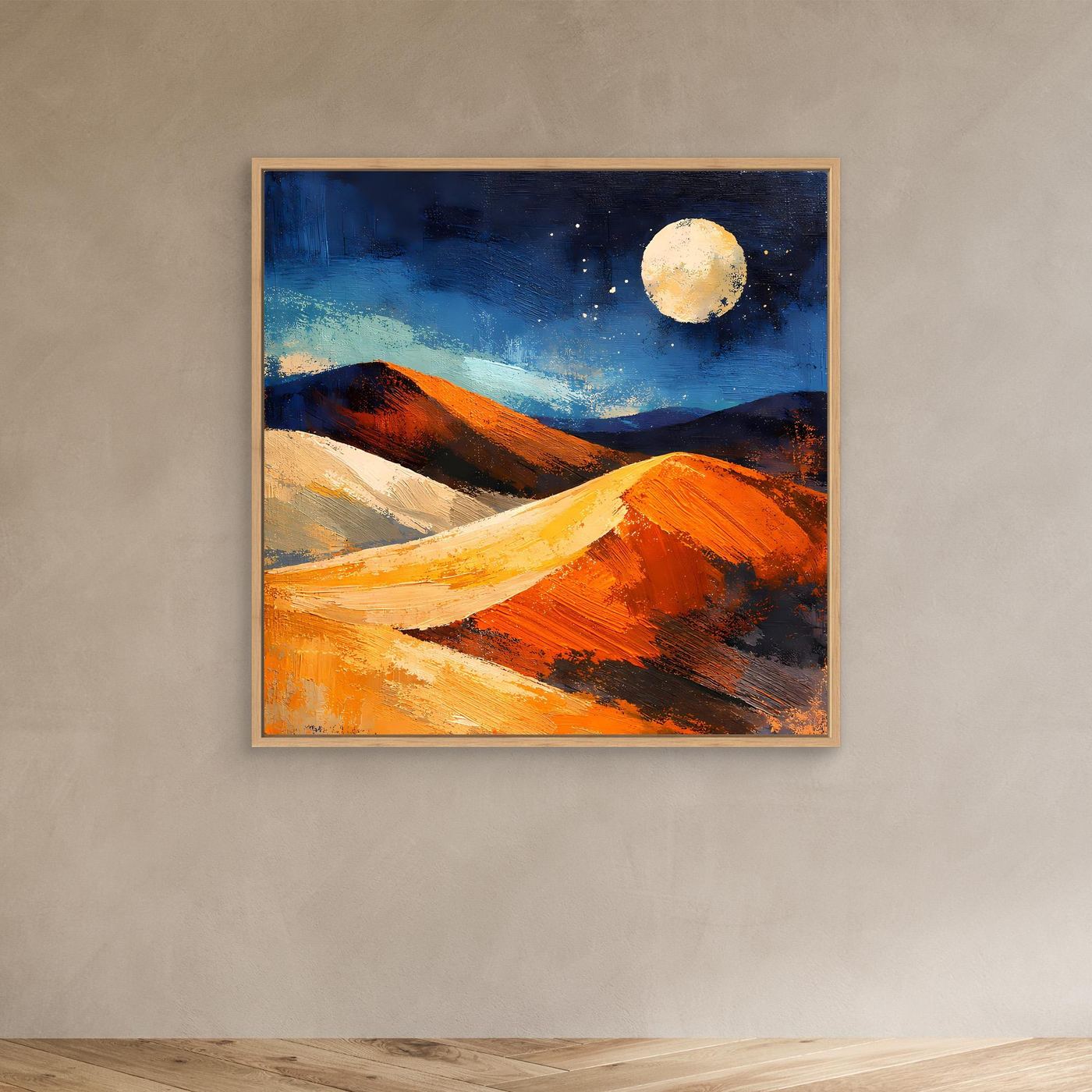 Canvas wall art featuring moonlit desert dunes in orange and blue, in oak frame