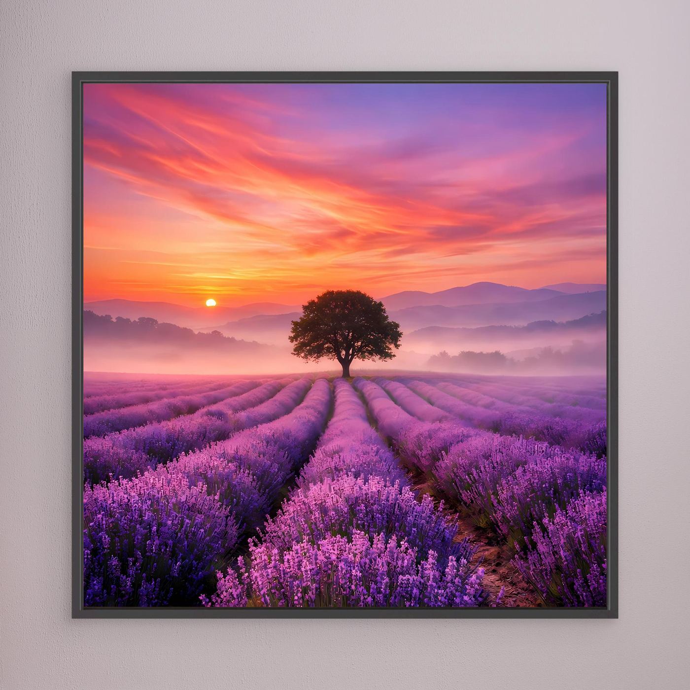 Lavendelfeld-Wandbild mit Sonnenuntergang, schwarzem Rahmen und Baum in lila Reihen