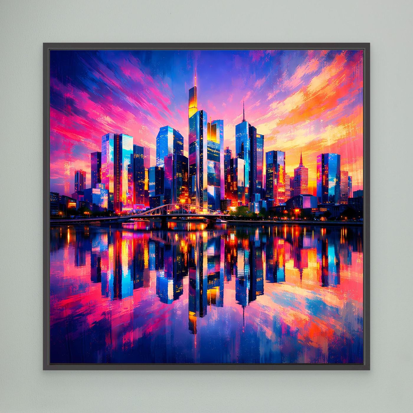 Leinwand Farbenfrohe Frankfurt Skyline bei Sonnenuntergang | Modernes Wandbild