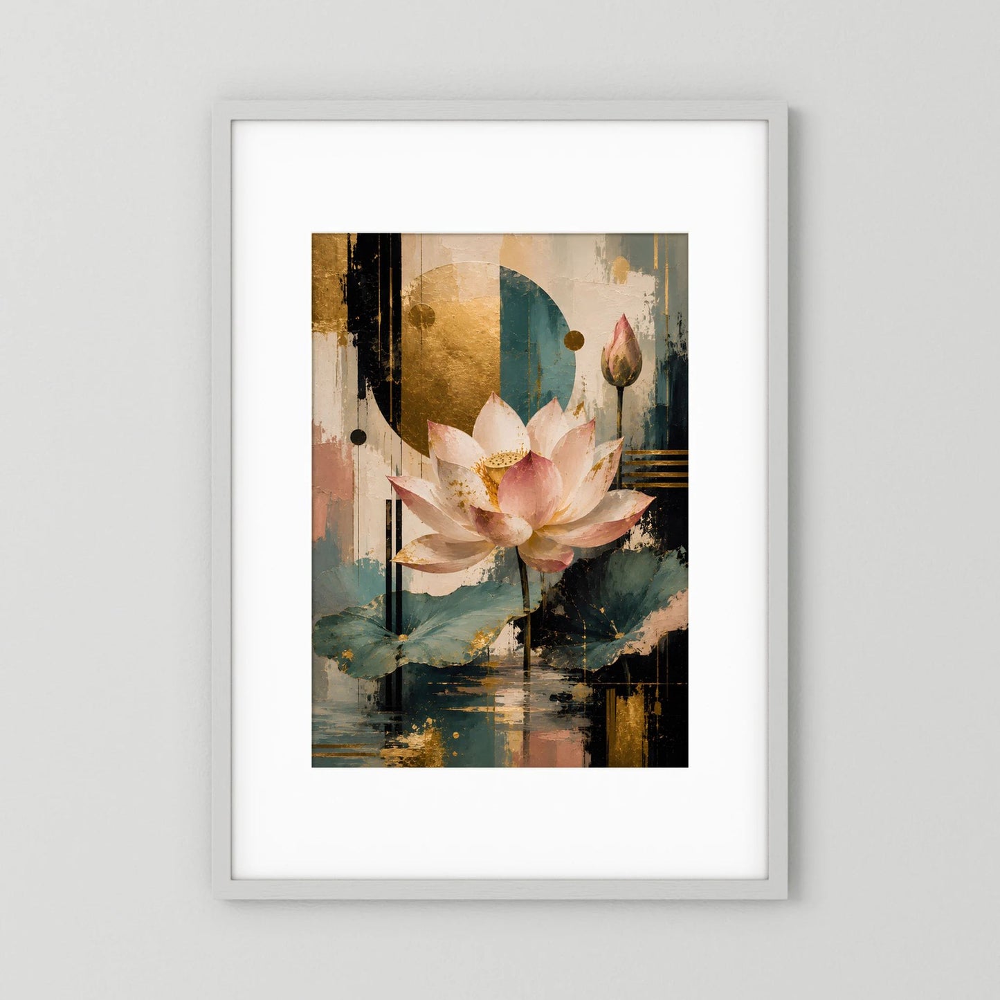 Gerahmtes Hochformat-Poster mit rosa Lotusblüte und goldenen, türkisfarbenen abstrakten Formen