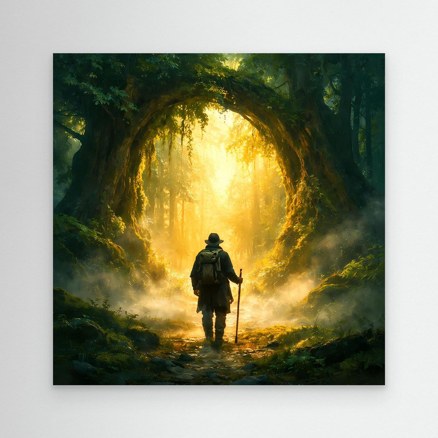 Leinwand Mystischer Wanderer am Waldportal | Abstraktes Natur Zauberwald Wandbild