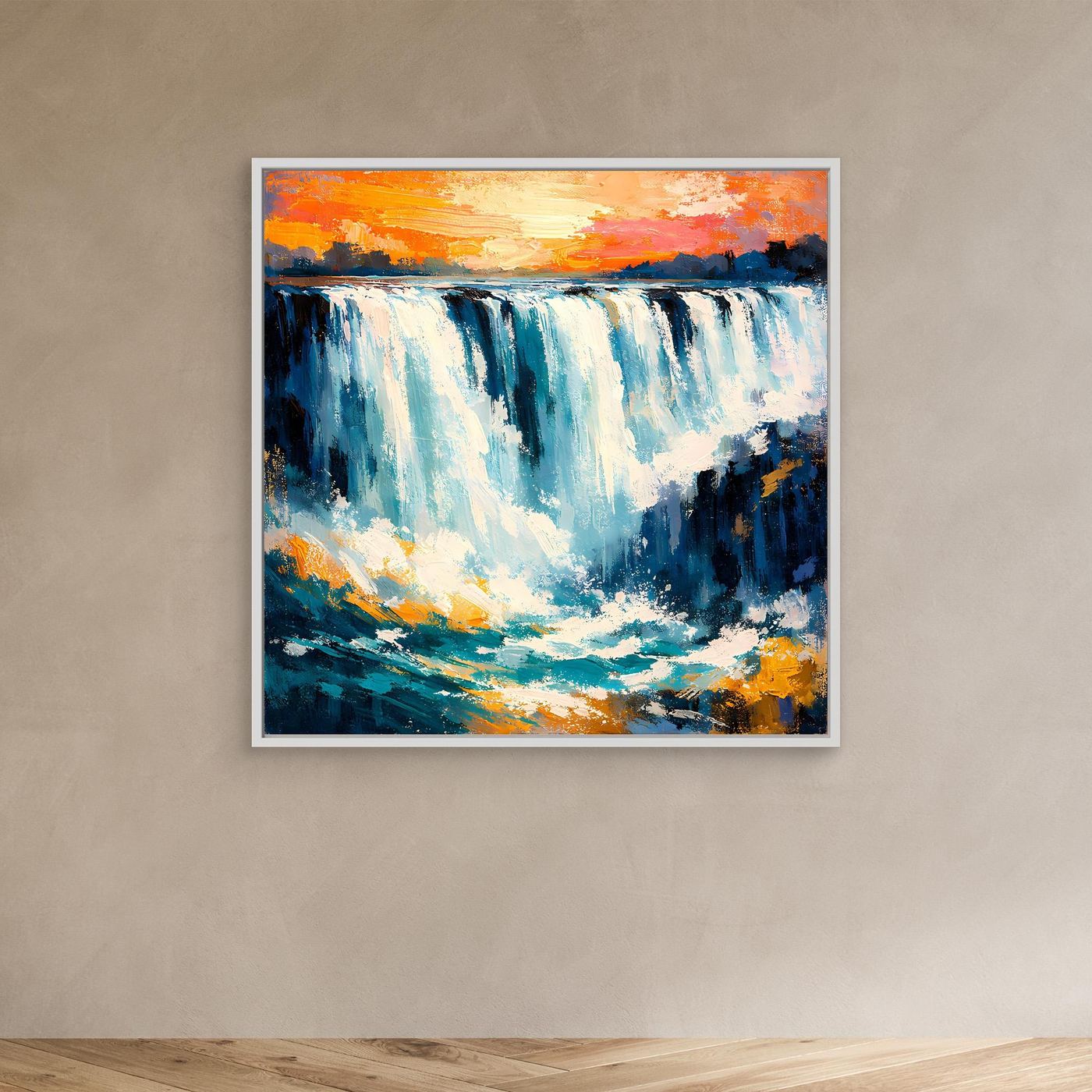 Wandbild mit abstraktem Wasserfall, weiß gerahmt
