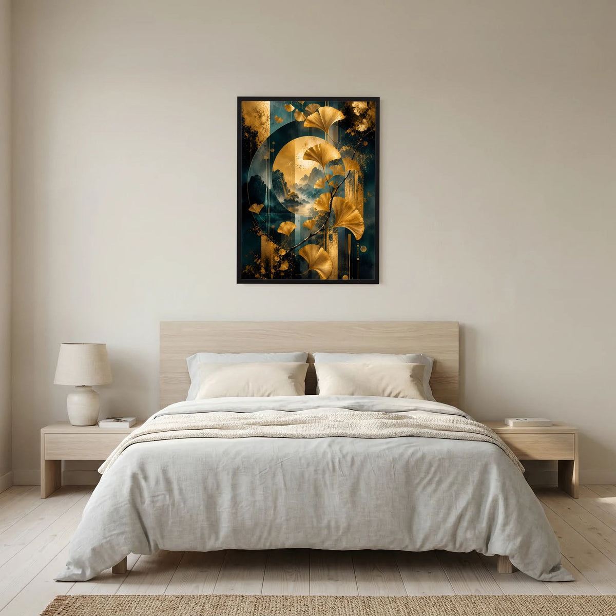Hochformat-Poster mit goldenen Ginkgo-Blättern in petrolblauer Landschaft, im schwarzen Rahmen