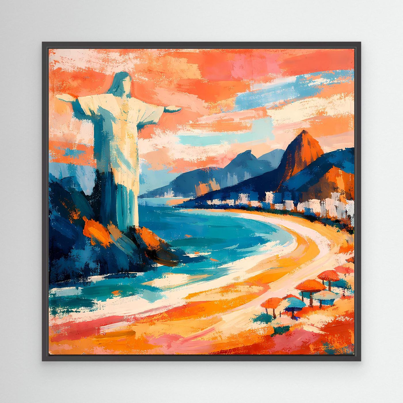 Abstraktes Strand-Wandbild mit schwarzer Umrandung, türkisblaues Wasser und orangefarbenem Himmel