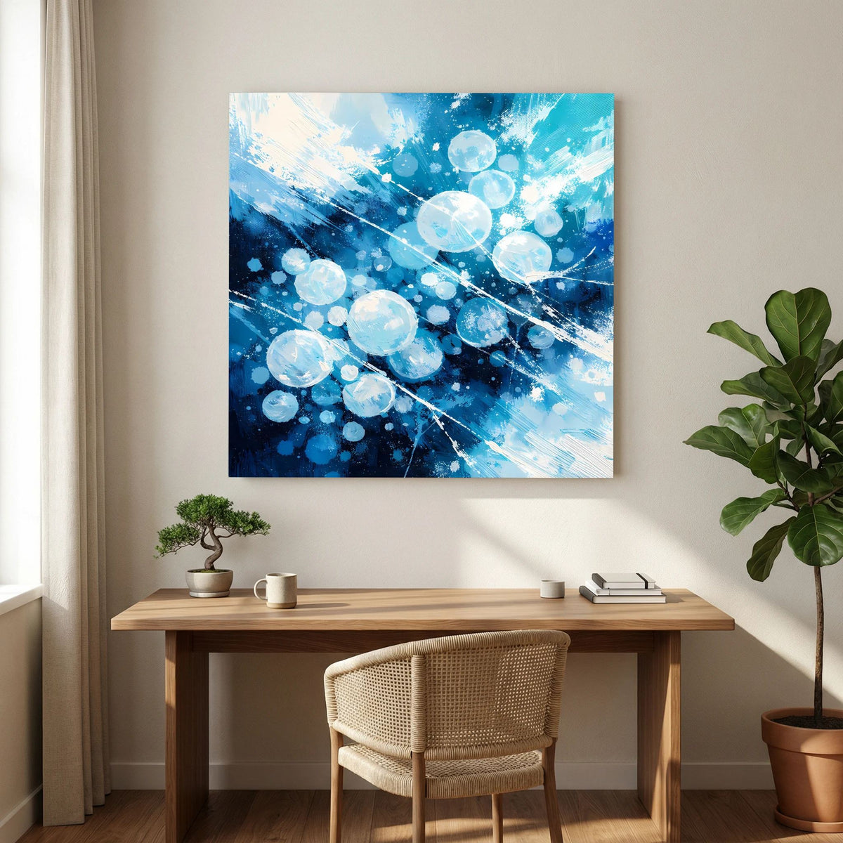 Quadratisches Leinwand-Wandbild mit blauen Kugel-Highlights, Eisblasen und hellen Pinselzügen.