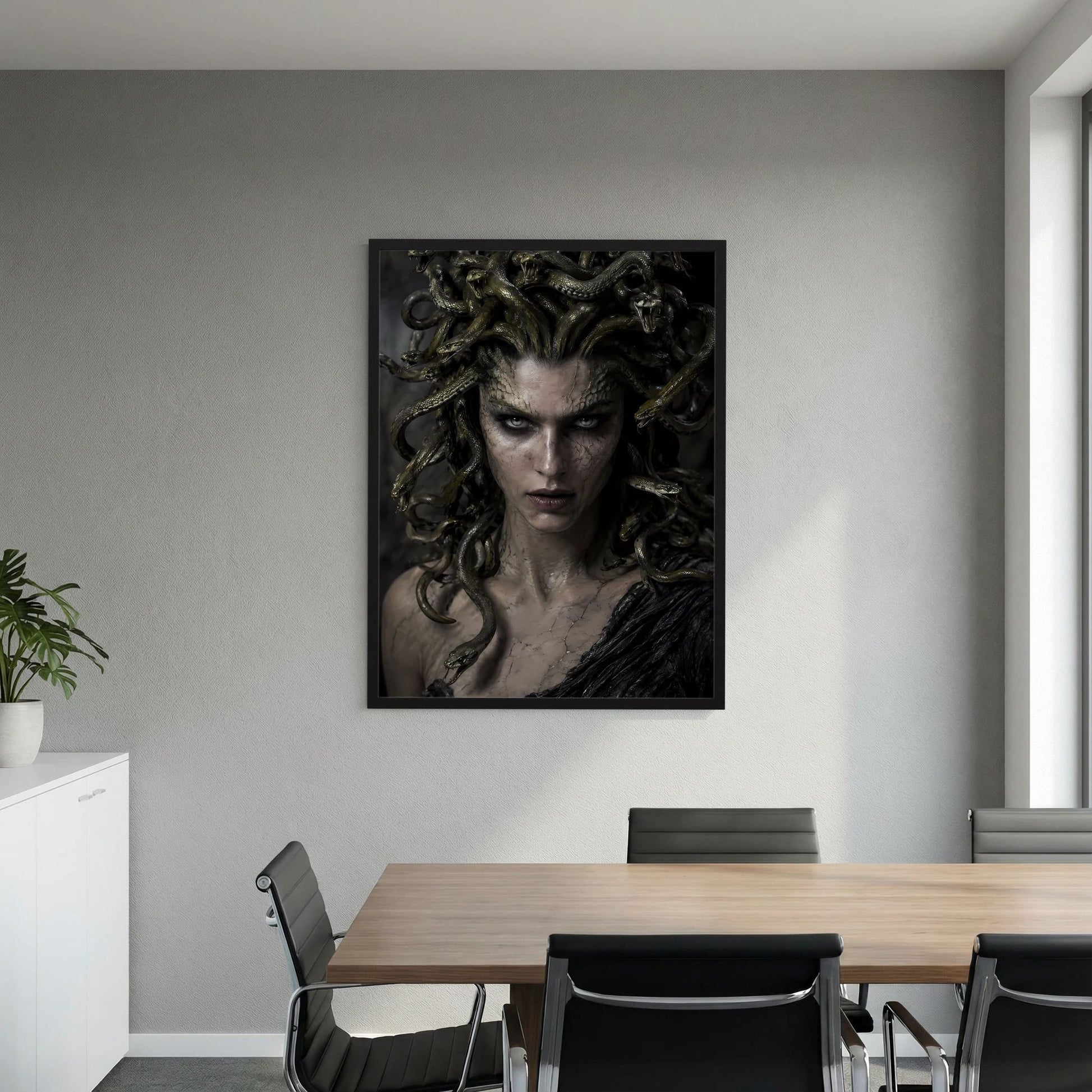 Fantasy-Poster mit Medusa: Frau mit Schlangenhaaren, zentriertes dunkles Gesicht