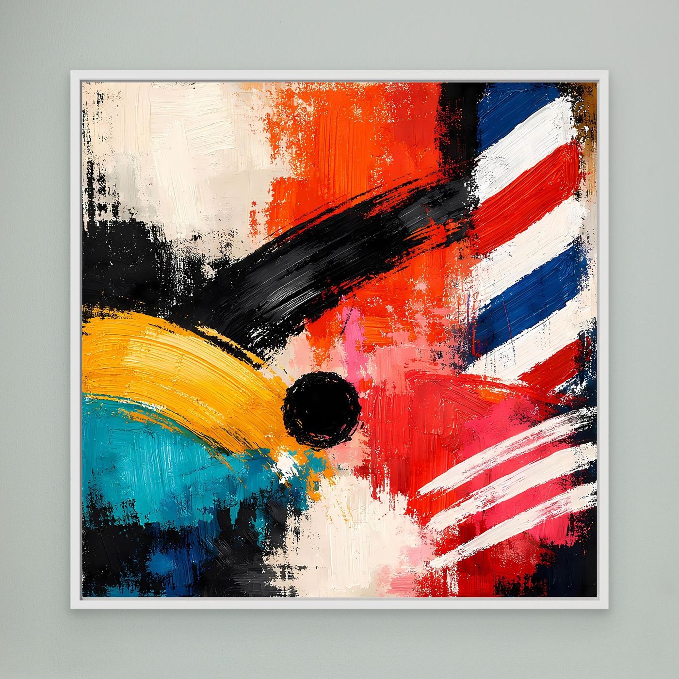 Abstract geometric wall art canvas with orange, red, blue, black, white strokes