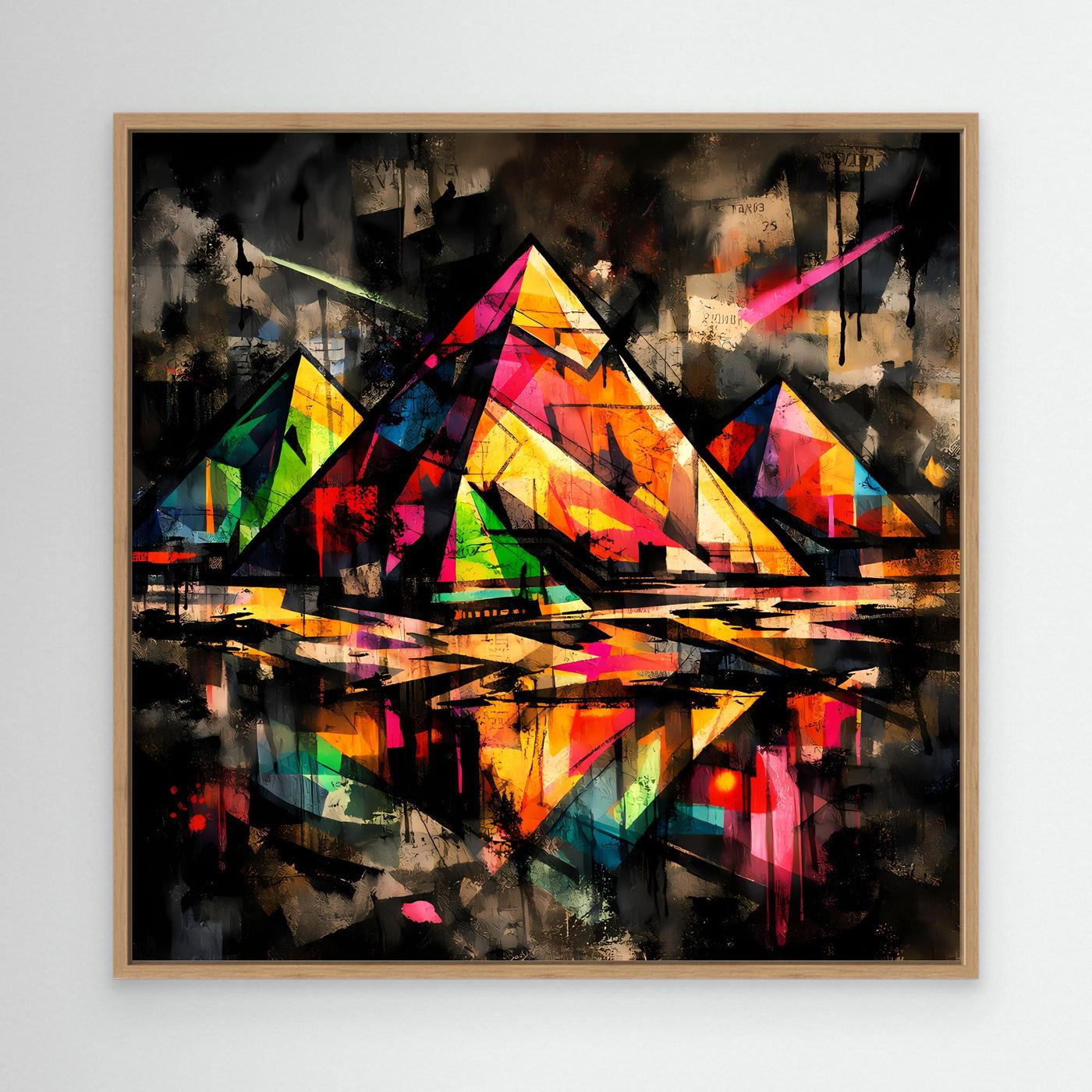 Leinwandbild: abstrakte bunte Pyramiden im Street-Art-Stil, dunkler Hintergrund, Holzrahmen (Eiche)