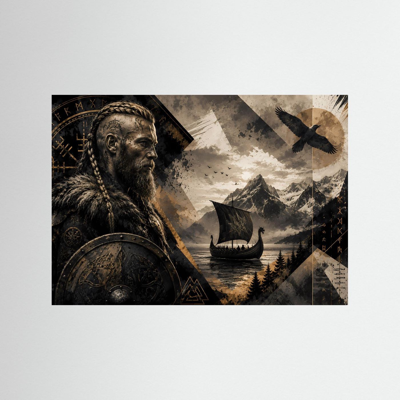 Poster im Querformat mit Wikinger-Krieger, Langschiff und Rabenmotiv ohne Rahmen
