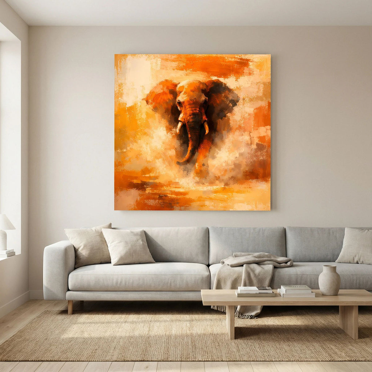 Leinwand Abstraktes Elefanten Gemälde | Modernes Kraftvolles Tier Wandbild Orange Ocker