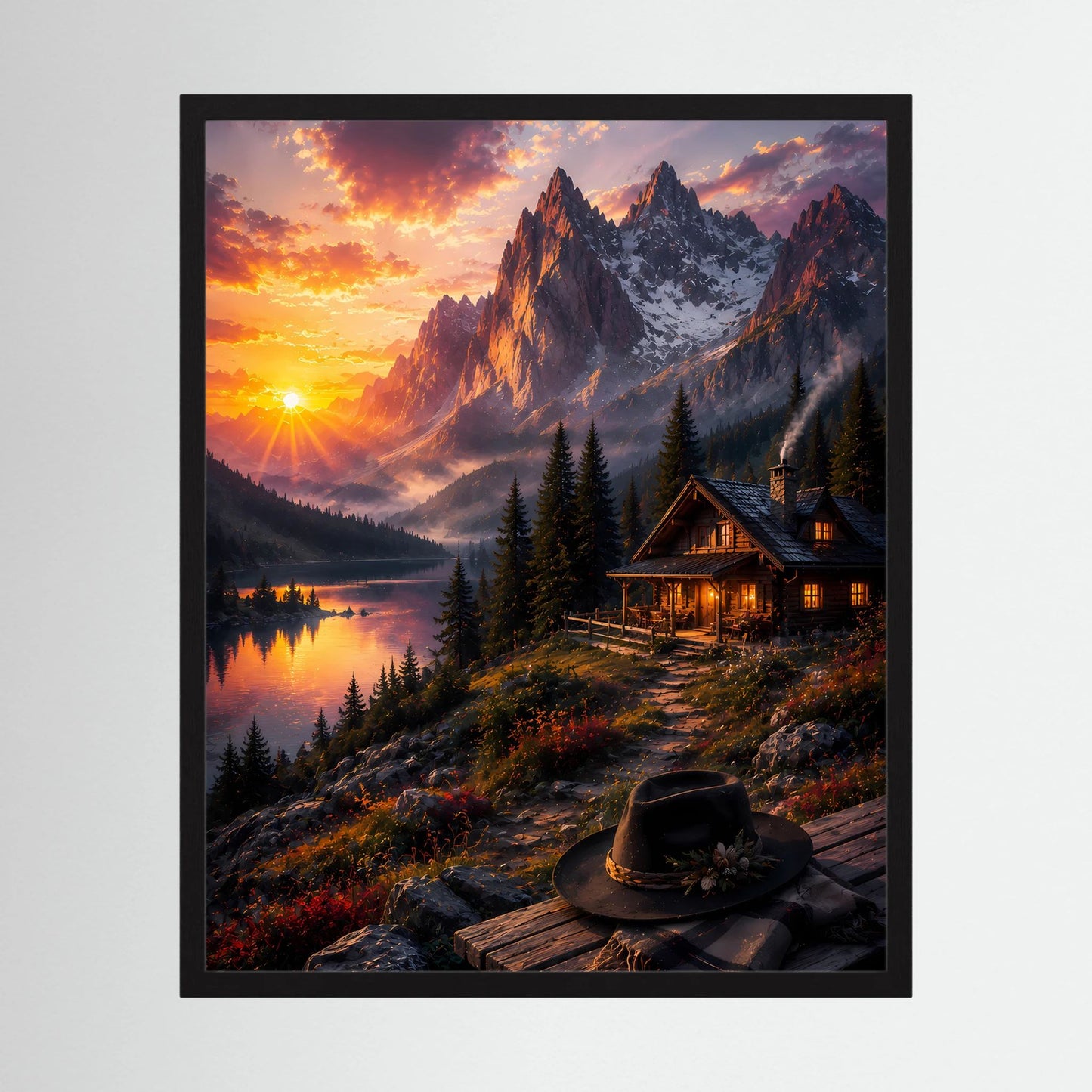 Hochformat-Poster im schwarzen Rahmen mit Bergsee, Sonnenuntergang und Berghütte