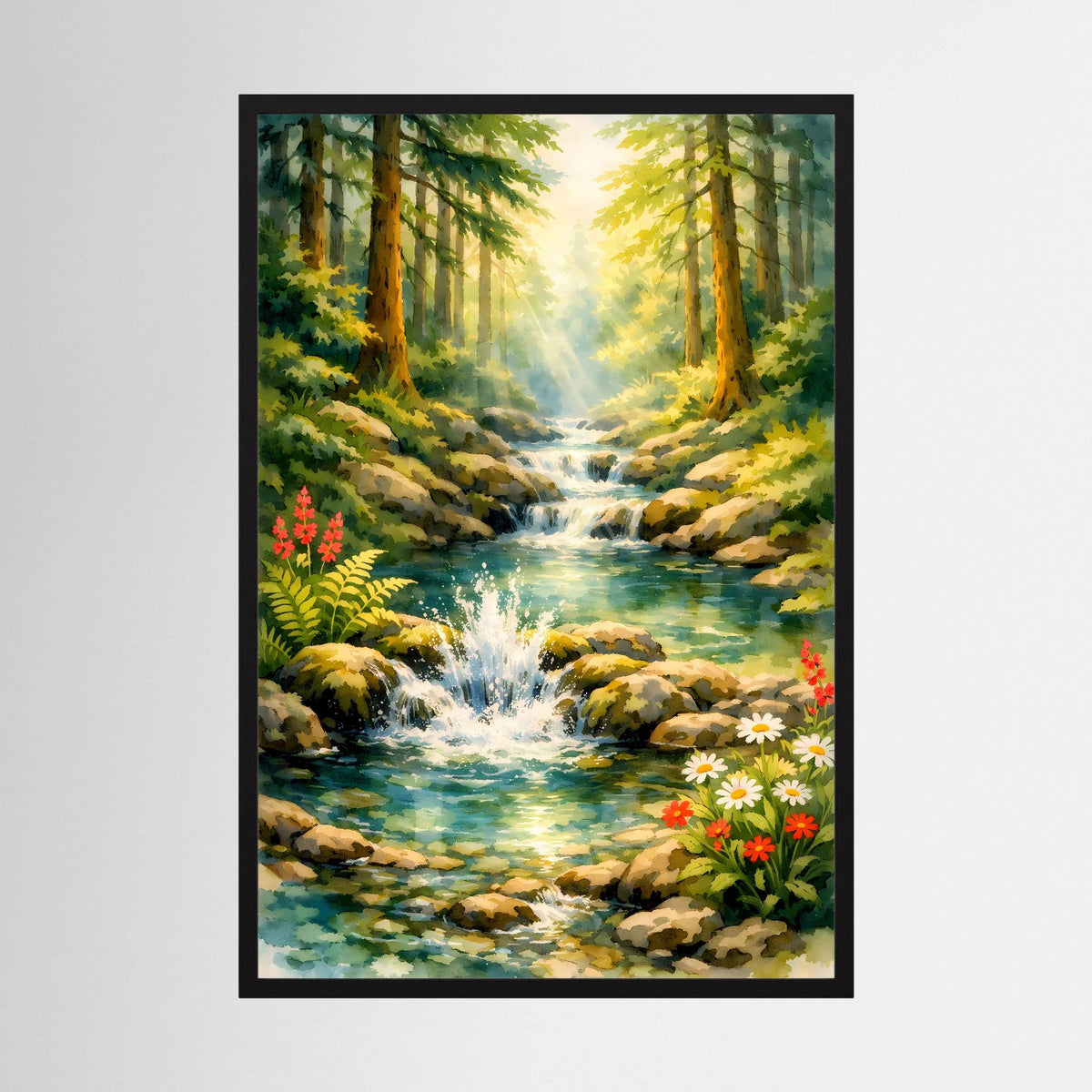 Poster mit Waldidylle und Wasserfall, schwarzer Rahmen, Blumen im Bachbereich