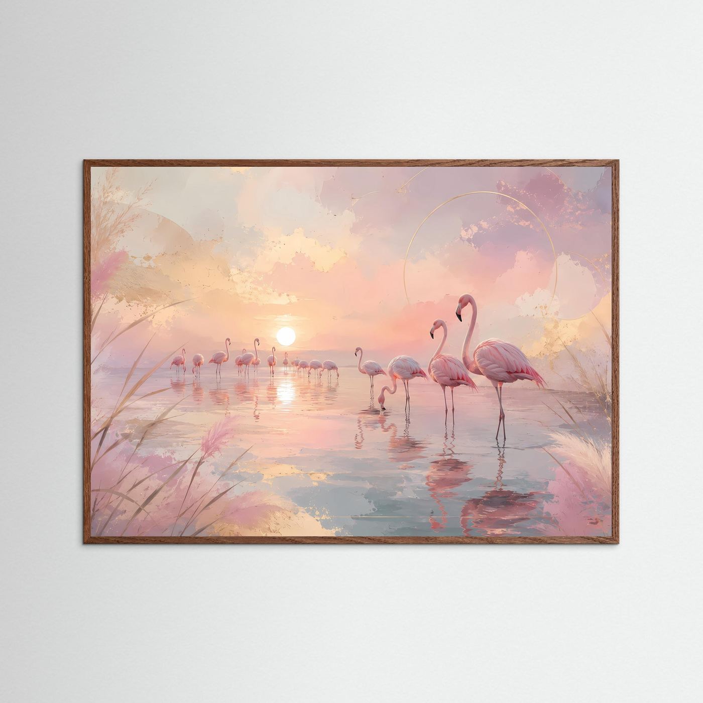 Flamingos im Sonnenuntergang | Pastell Wandbild mit Rosa Flamingos | Abstrakte Küstenlandschaft | Modernes Leinwandbild | Premium Poster