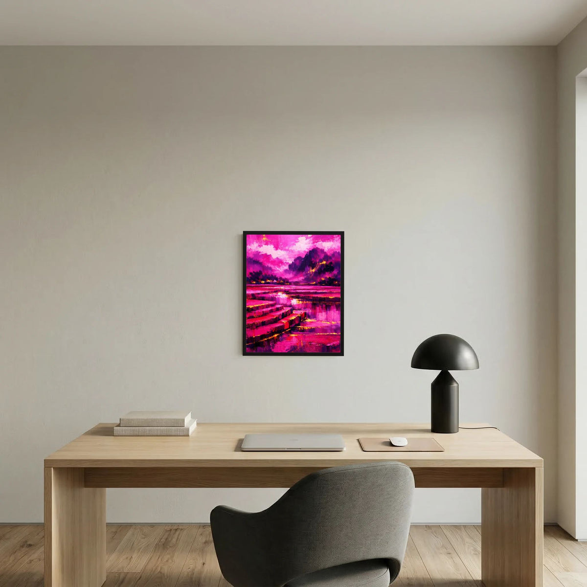 Gerahmtes Hochformat-Poster mit Pink-und-Magenta Landschaft, dunklen Formen und Reflexionen
