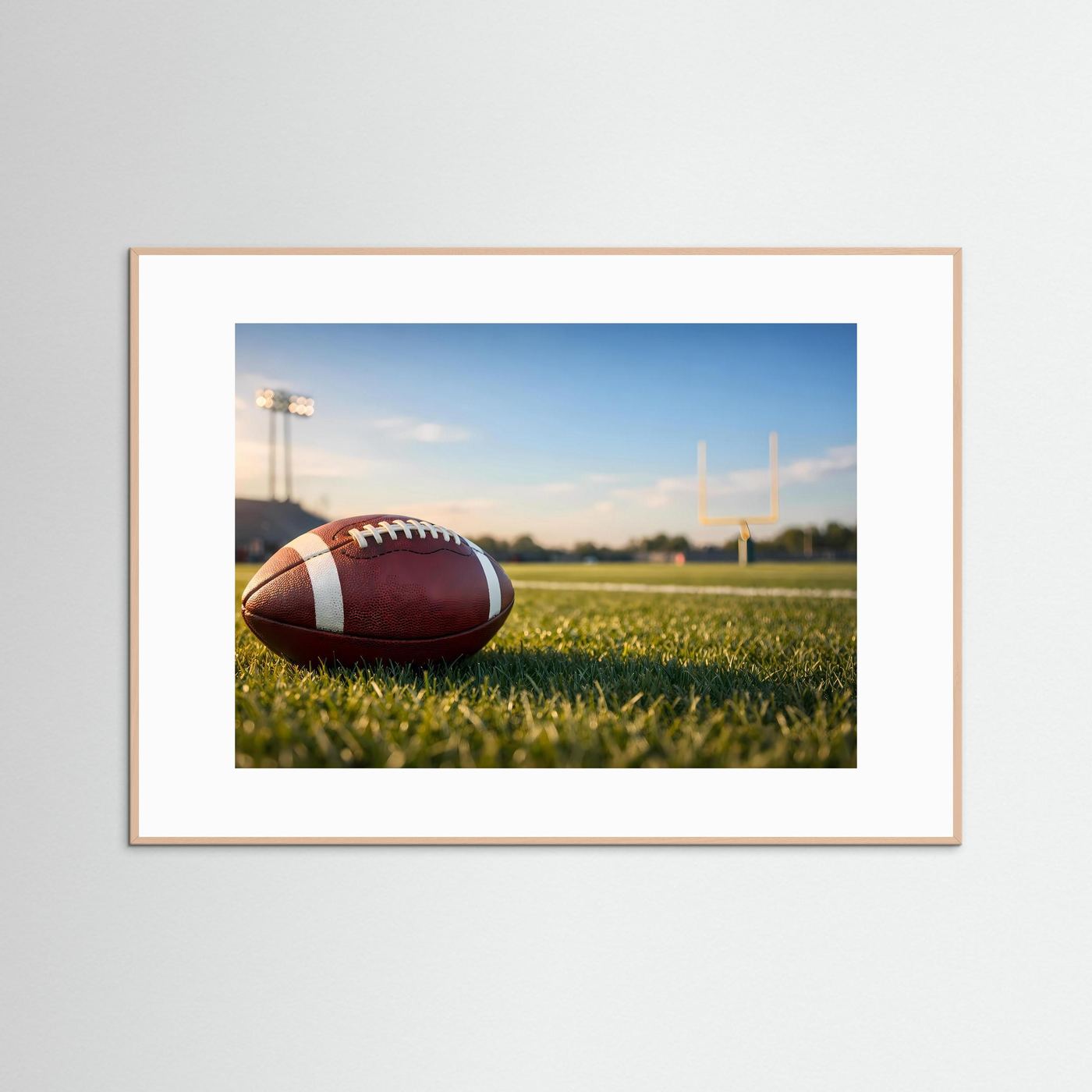 Sportposter Querformat mit American-Football auf grünem Rasen, Stadion-Licht, helle Holzrahmen