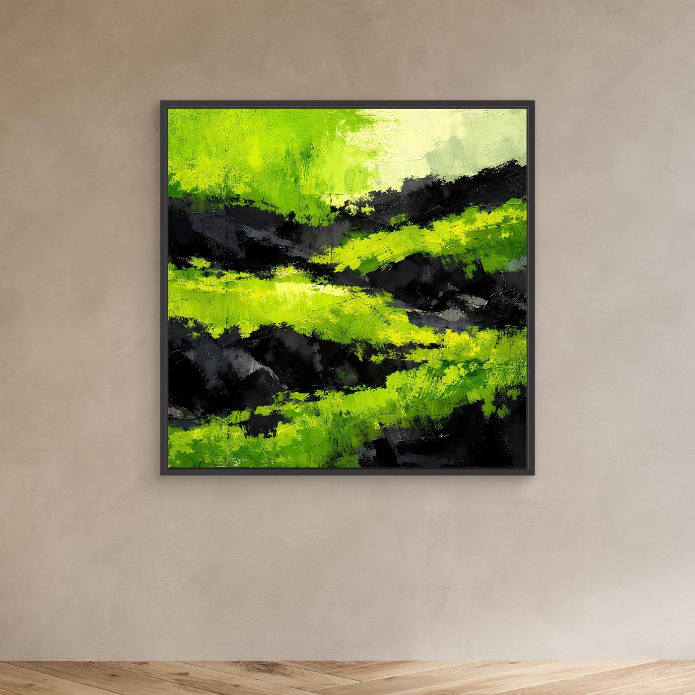 Abstraktes Leinwand-Wandbild mit moosgrünen und schwarzen Querstrichen, schwarzer Rahmen