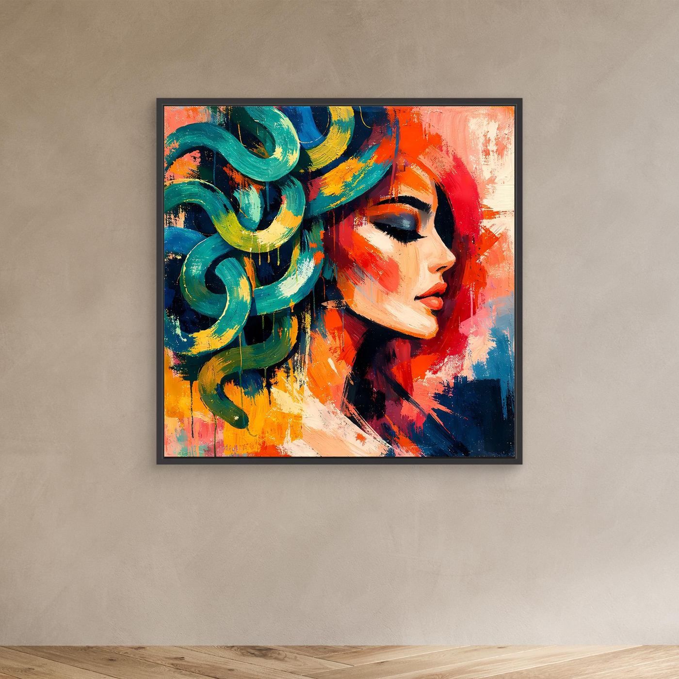 Leinwand-Wandbild Medusa-Profil mit türkis-gelben Schlangen, im dunkleren Rahmen