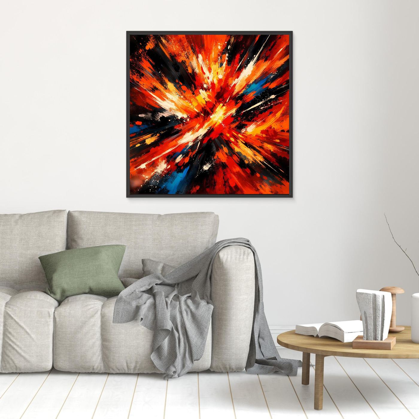 Abstraktes Leinwandbild mit Farbexplosion in Orange, Rot und schwarzen Strahlen, mit dunklem Rahmen.
