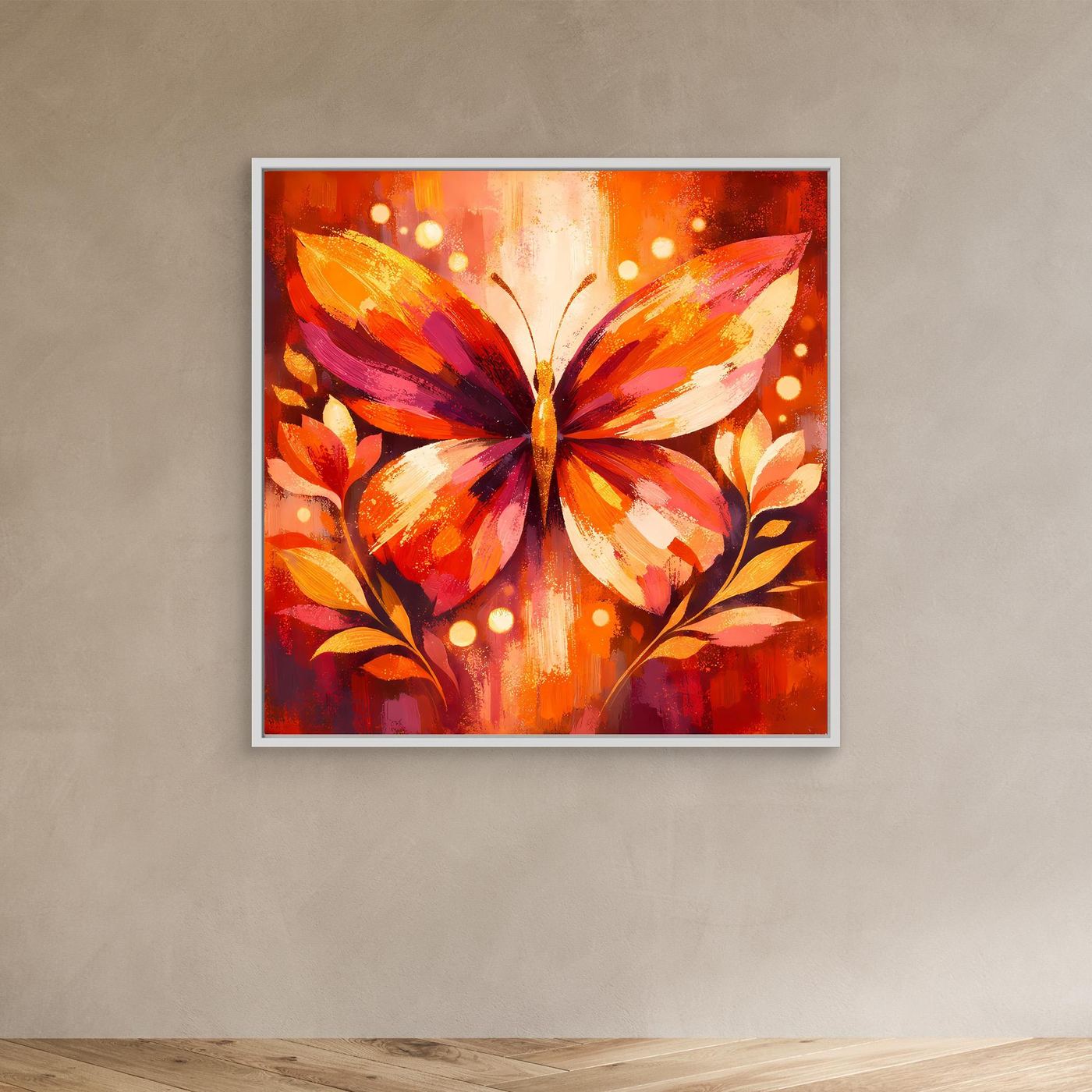 Leinwandbild mit Schmetterling-Motiv in Orange und Pink, weißer Rahmen, quadratisch.