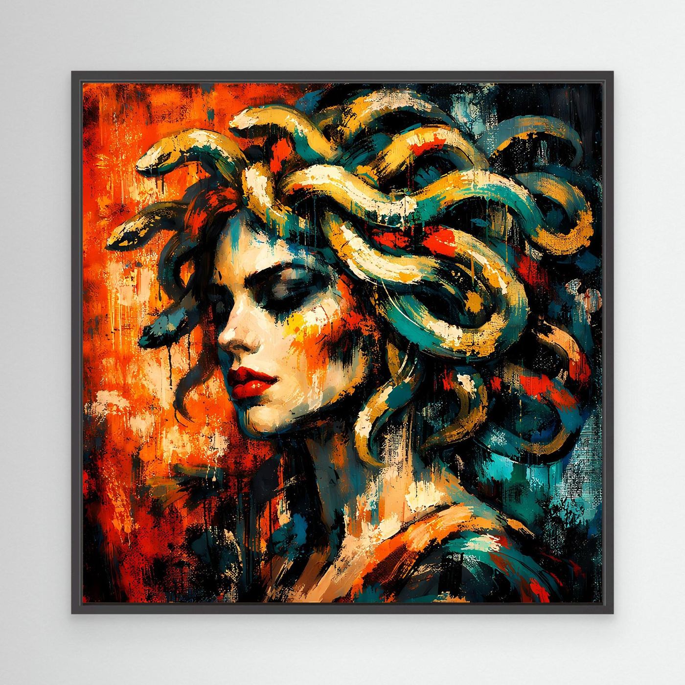 Leinwandbild: abstrakte Medusa im schwarzen Rahmen, Frauengesicht und Schlangenhaare