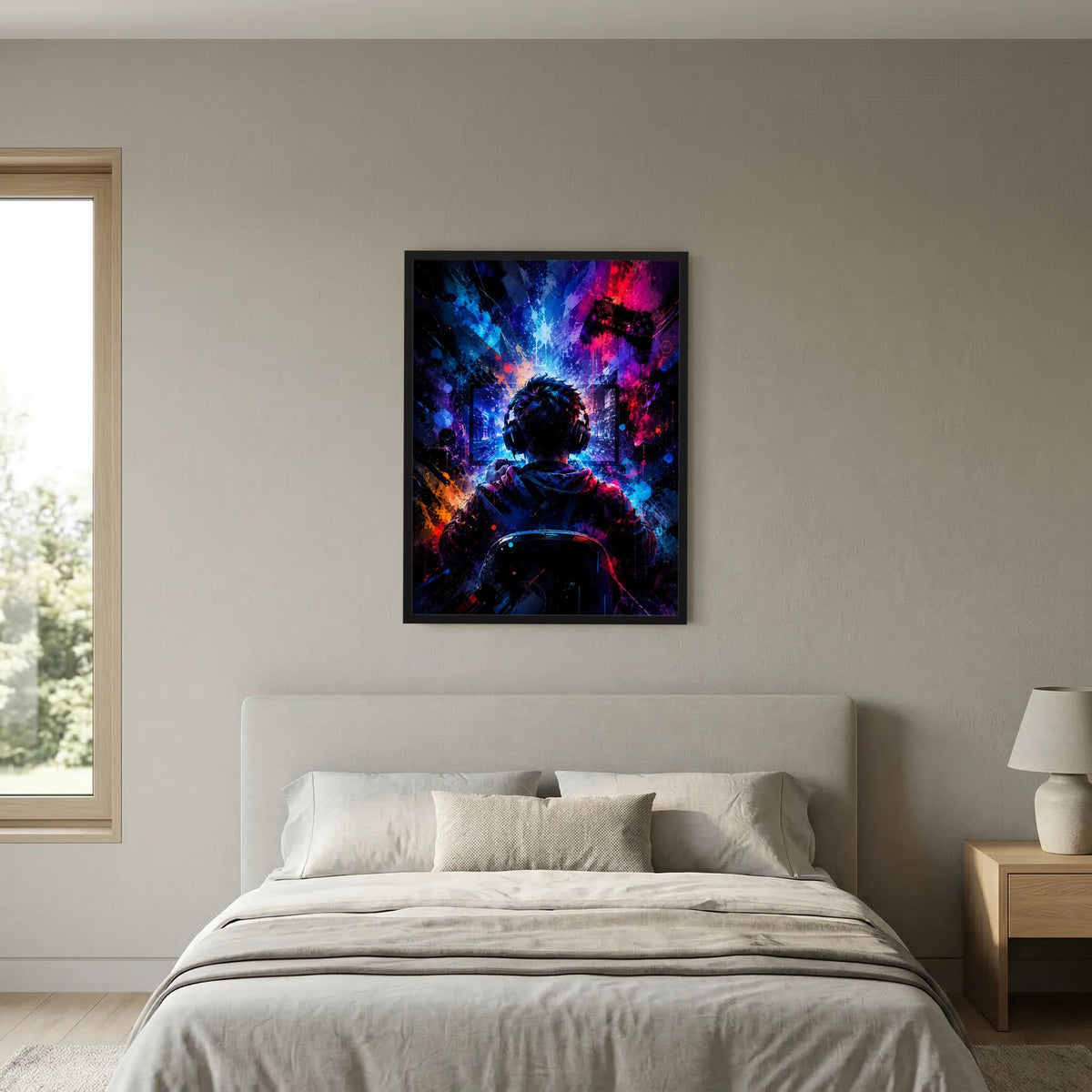 Neon-Gamer-Poster im Hochformat an der Wand: Headset-Silhouette, leuchtende Farben