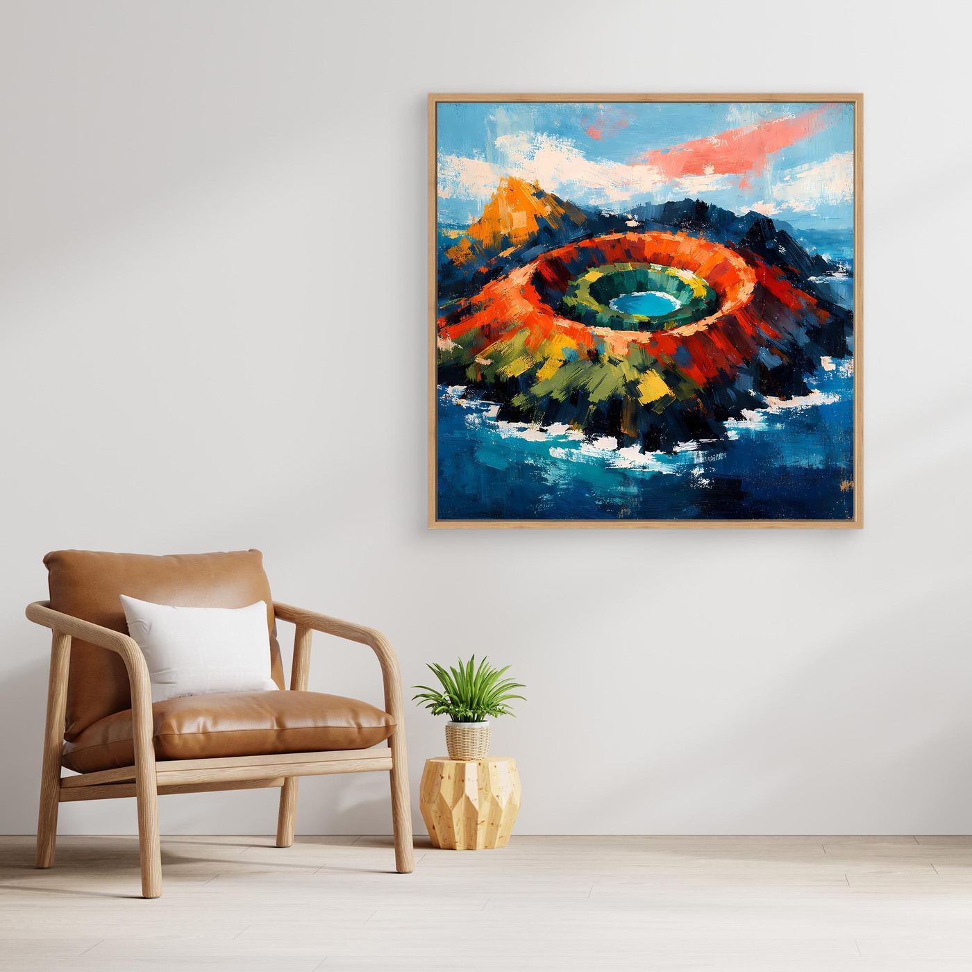 Abstraktes Leinwandbild mit Vulkankrater, blaue Insellandschaft mit hellem Holzrahmen