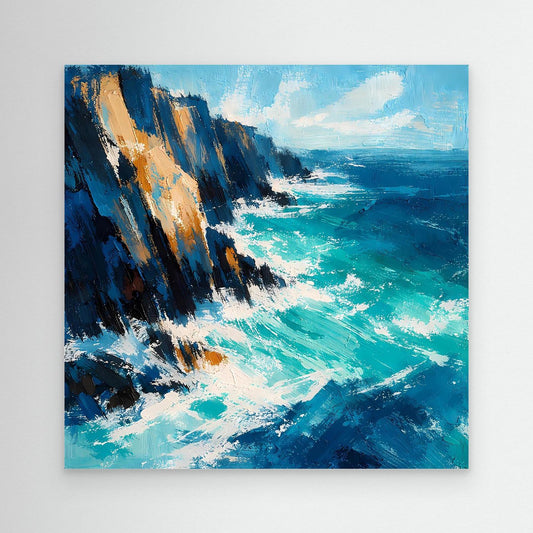 Leinwand-Wandbild mit abstrakter Meeresküste, blau-grüner Wellen- und Klippenstruktur