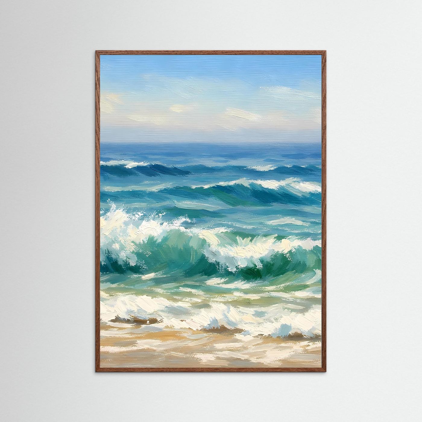 Poster mit gemalten Meereswellen am Strand in Blau- und Grüntönen, mit braunem Holzrahmen