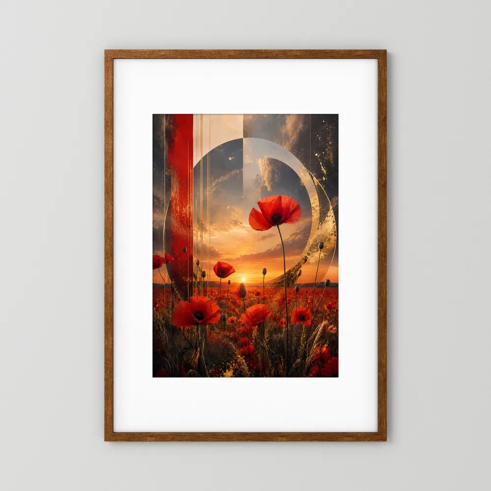 Gerahmtes Kunstposter mit abstrakten roten Mohnblumen und goldenem Kreisbogen, Hochformat.