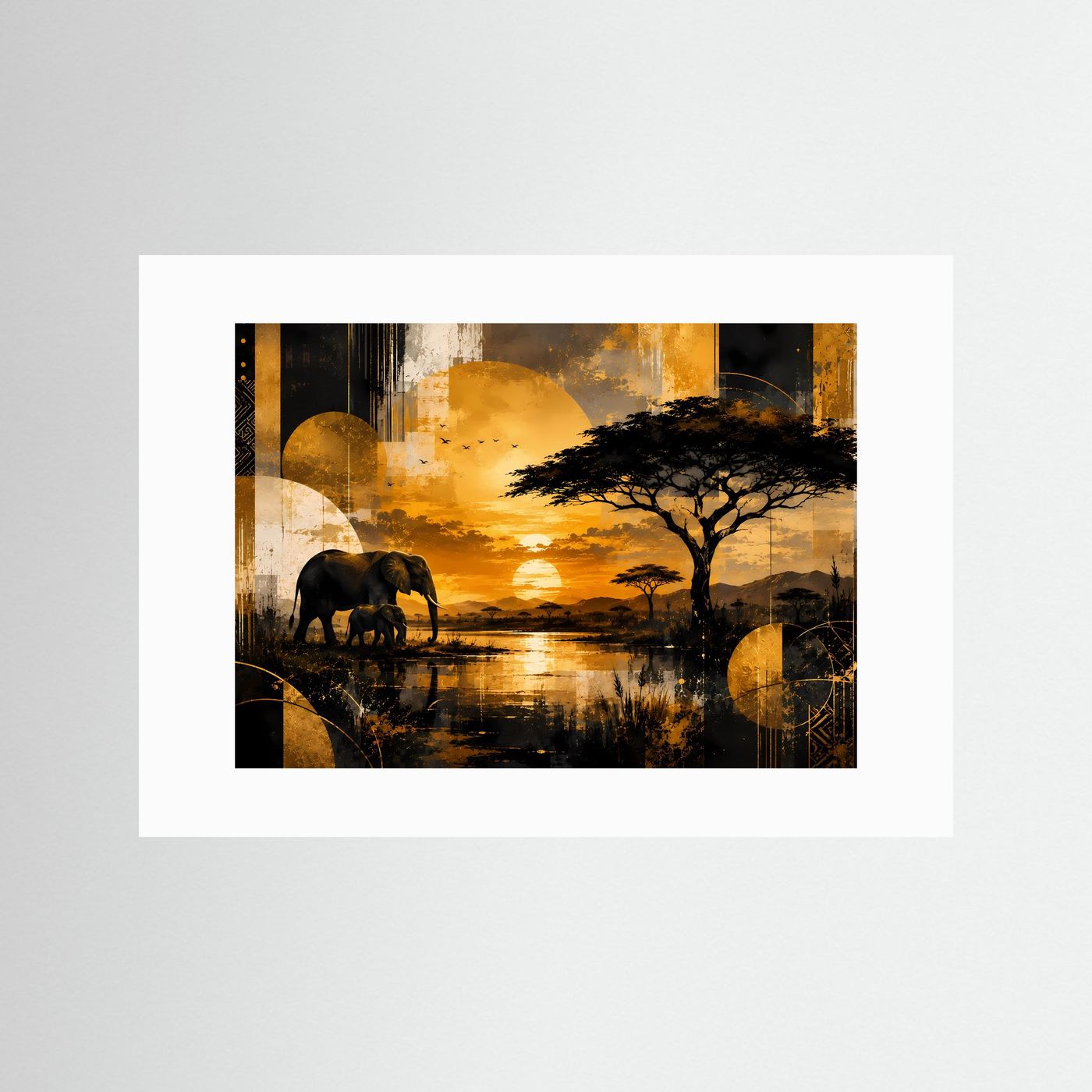 Poster im Querformat mit Elefanten in afrikanischer Savanne, goldener Abendsonne; weißes Passepartout