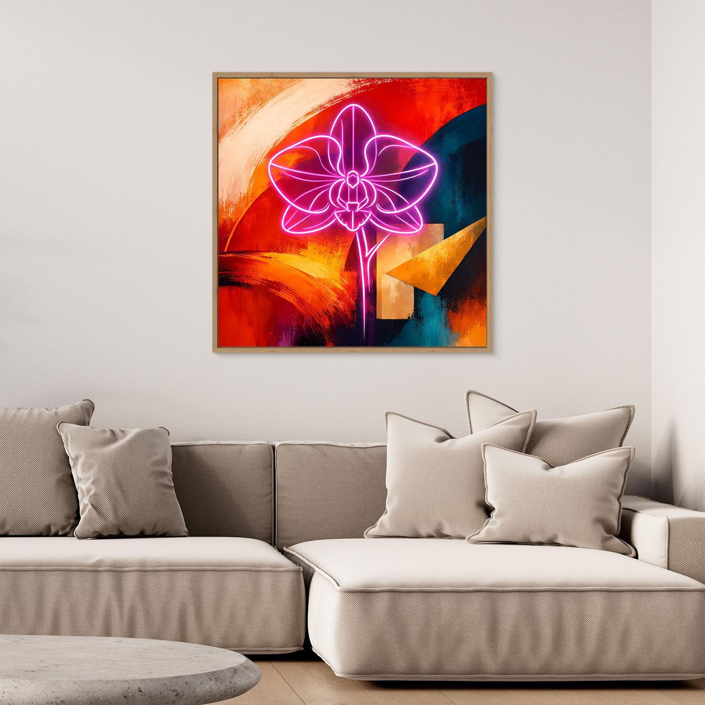Gerahmtes abstraktes Leinwandbild: Orchideenmotiv mit neonpinkem Umriss, rote und blaue Flächen