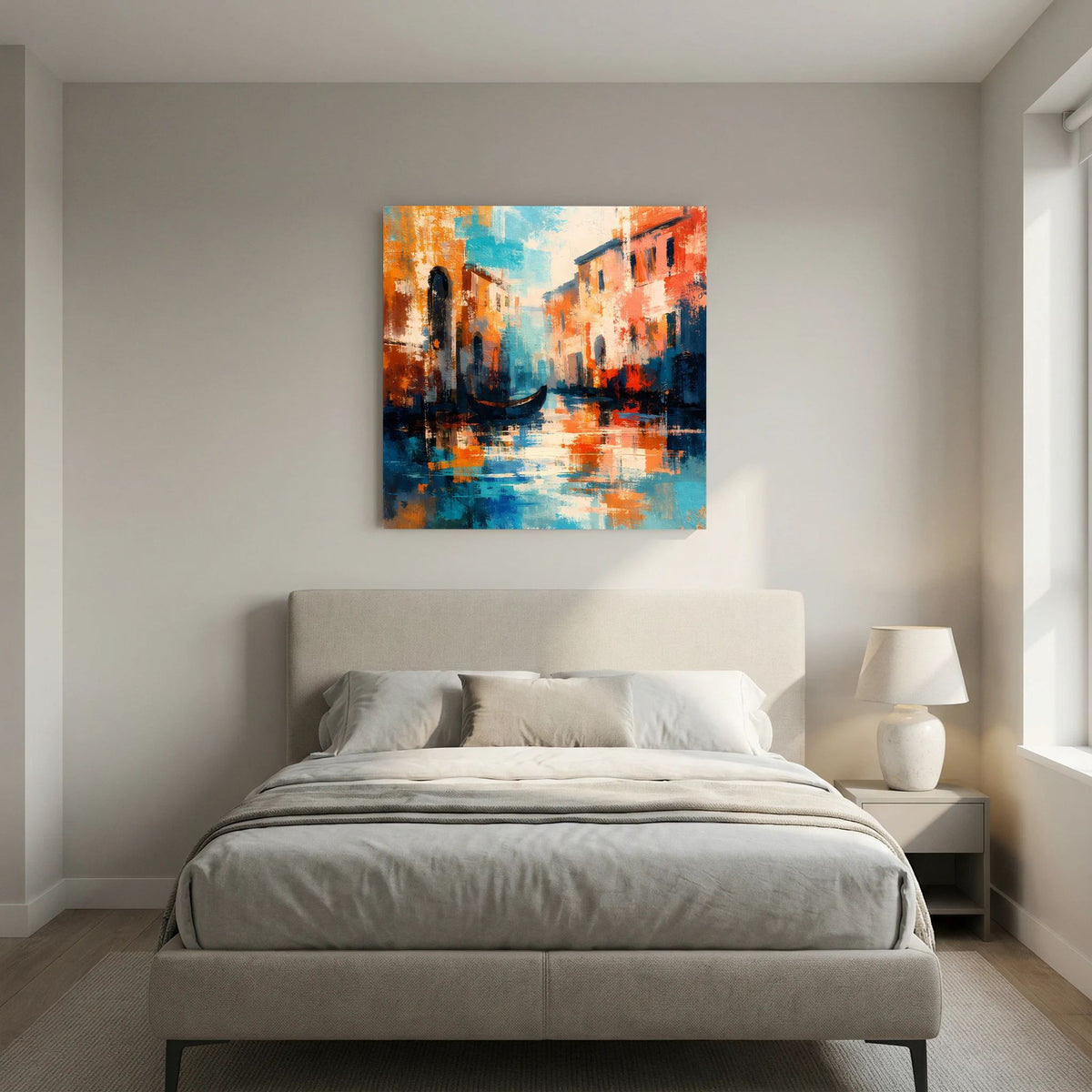 Abstraktes Leinwand-Wandbild mit Gondel und Wasserreflexionen, orange-blaue Farbflächen