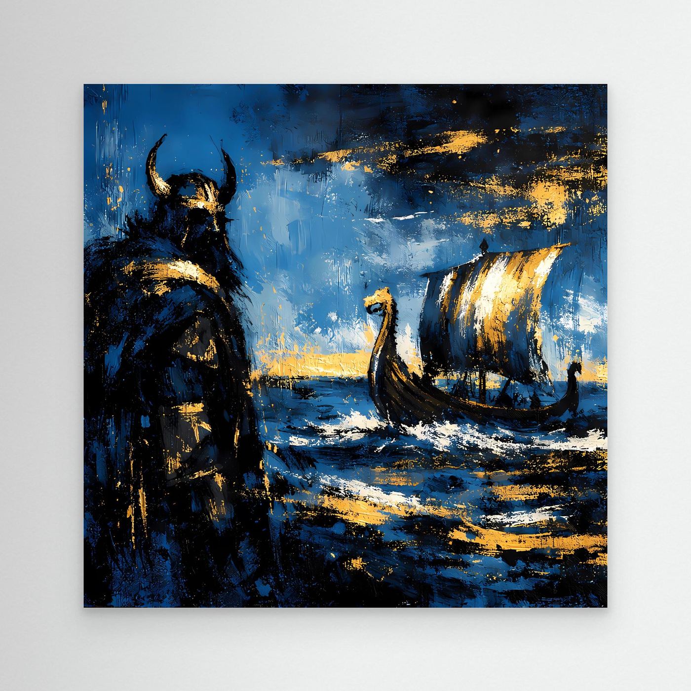 Leinwand Mythischer Wikinger und Langschiff | Abstraktes Nordisches Wandbild