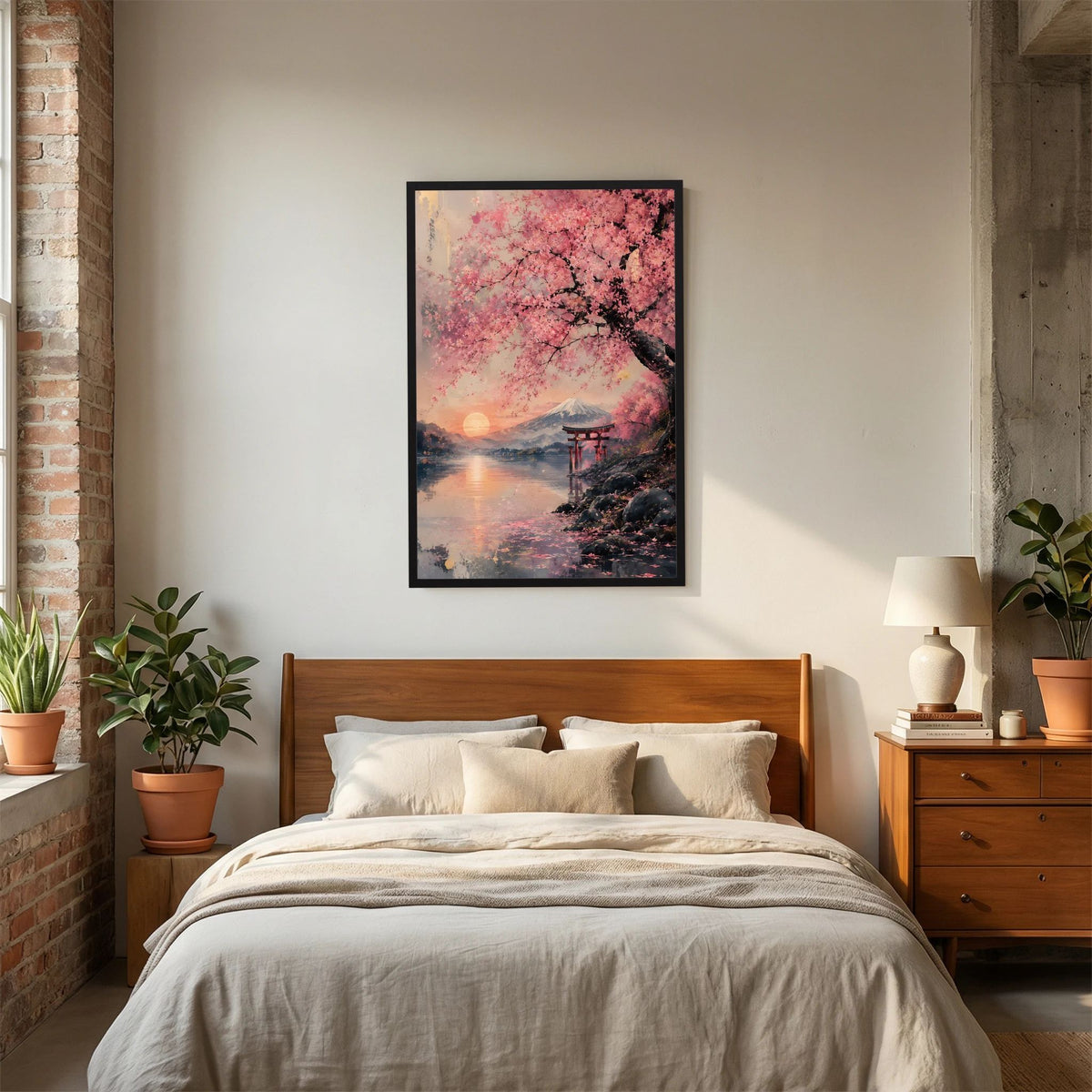 Kirschblüten-Poster mit Fuji und Torii über Wasser, im schwarzen Rahmen