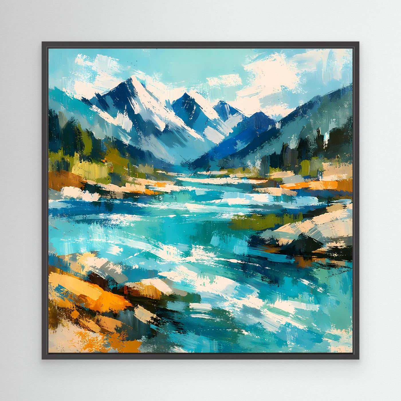 Abstraktes Leinwand-Wandbild mit Berglandschaft und Fluss, türkis und blau, schwarzer Rahmen