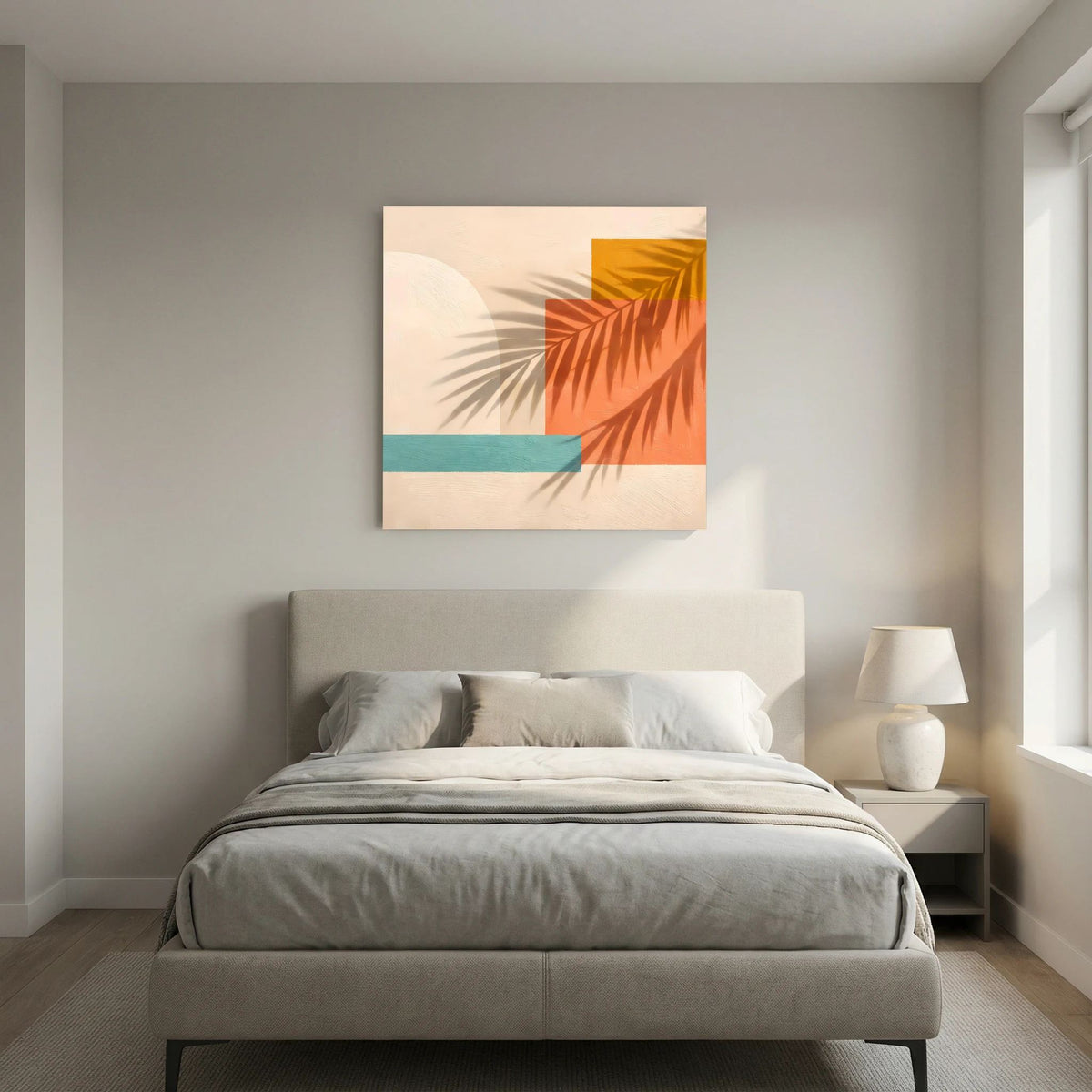 Leinwand Abstrakte Geometrie mit Palmenschatten | Modernes Boho Wandbild Terracotta