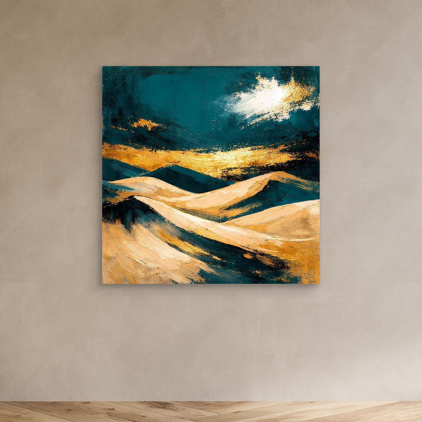 Leinwand-Wandbild mit Dünenmotiv in Petrol, Beige und Gold, sichtbare Farbstruktur