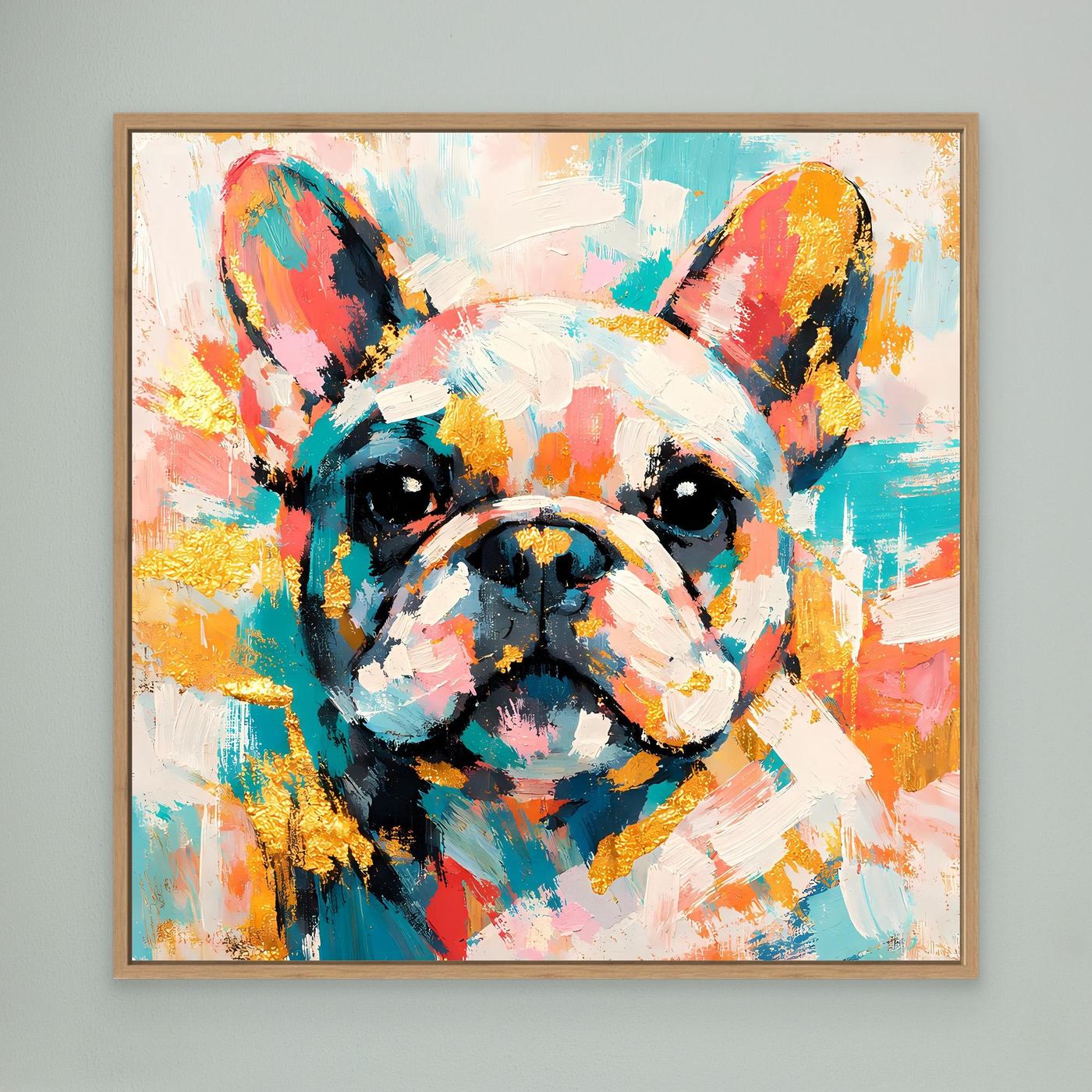 Leinwandbild mit abstrakter Französischer Bulldogge, buntes Porträt im Eichenrahmen