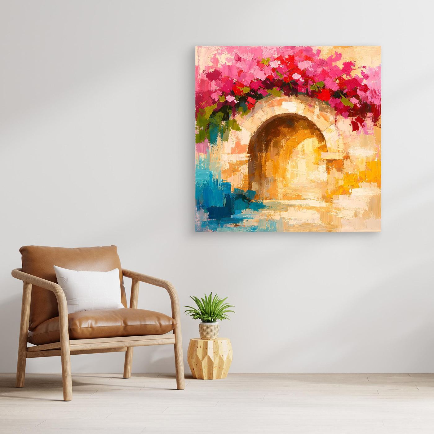 Leinwand Abstrakter Torbogen mit Bougainvillea | Modernes Mediterranes Wandbild Italien