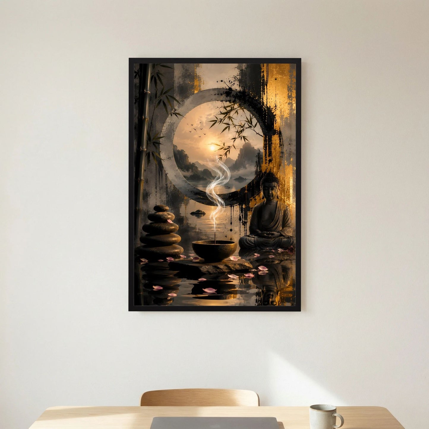 Poster im schwarzen Rahmen mit Buddha-Szene: Rauch, Teeschale und Steinset im Vordergrund
