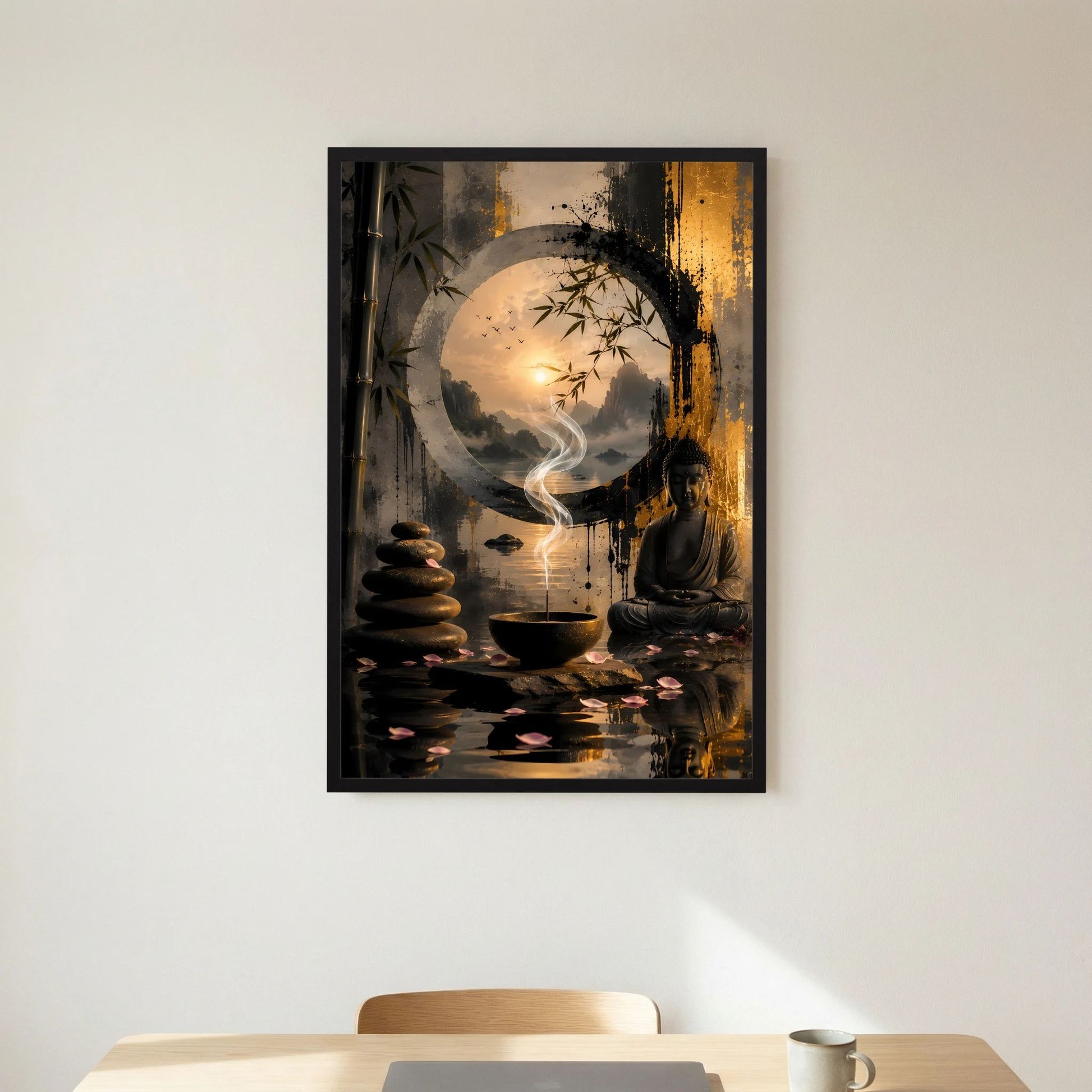 Poster im schwarzen Rahmen mit Buddha-Szene: Rauch, Teeschale und Steinset im Vordergrund