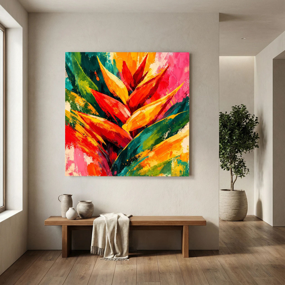 Leinwand Abstrakte Helikonie Blüte | Modernes Tropen Wandbild Bunt Exotisch