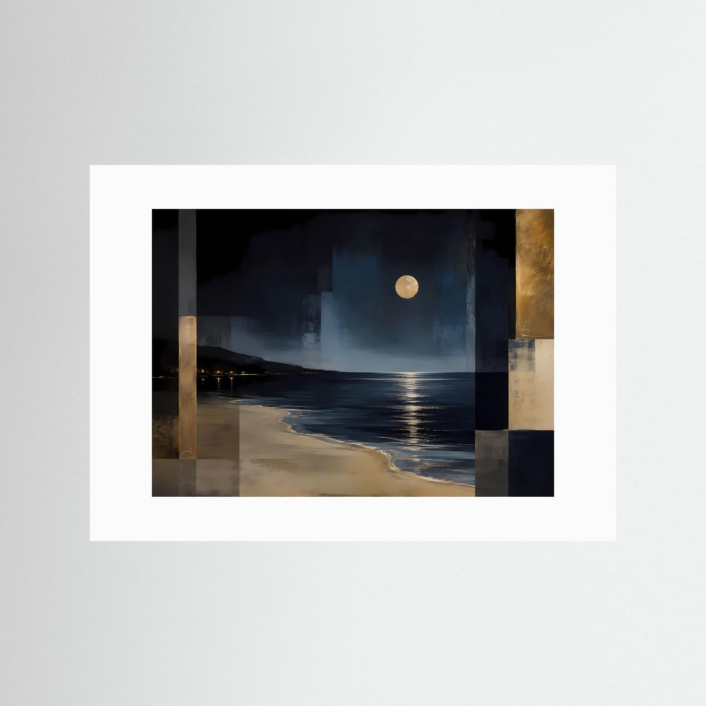 Poster mit abstrakter Strandlandschaft im Mondlicht, Blau-Beige-Gold; weißes Passepartout.