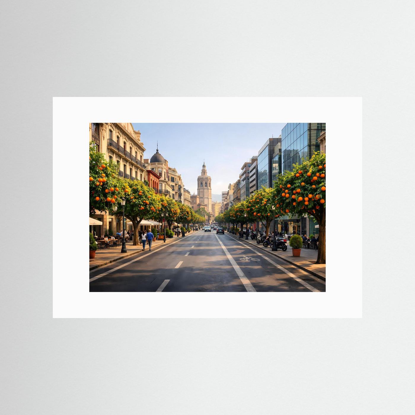 Wandbild-Poster mit Stadtstraße und Orangenbäumen, weißes Passepartout ohne Rahmen