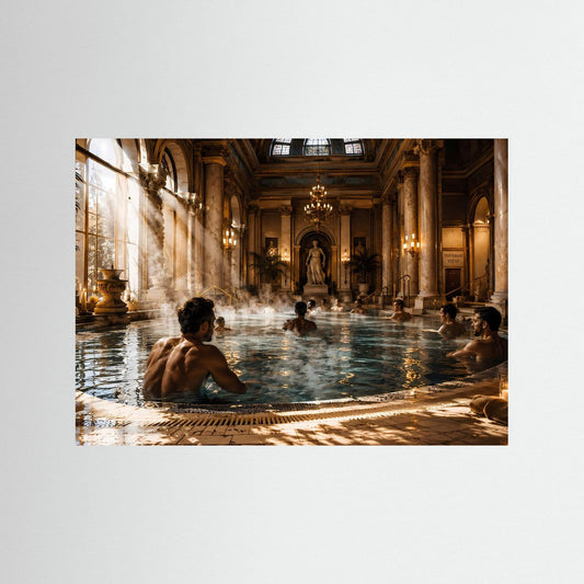 Poster mit Thermenpool: Personen im Wasser, antike Säulen, ohne Rahmen