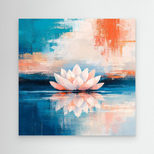 Leinwand Abstrakte Lotusblüte auf dem Wasser | Modernes Seerosen Wandbild Blau Orange