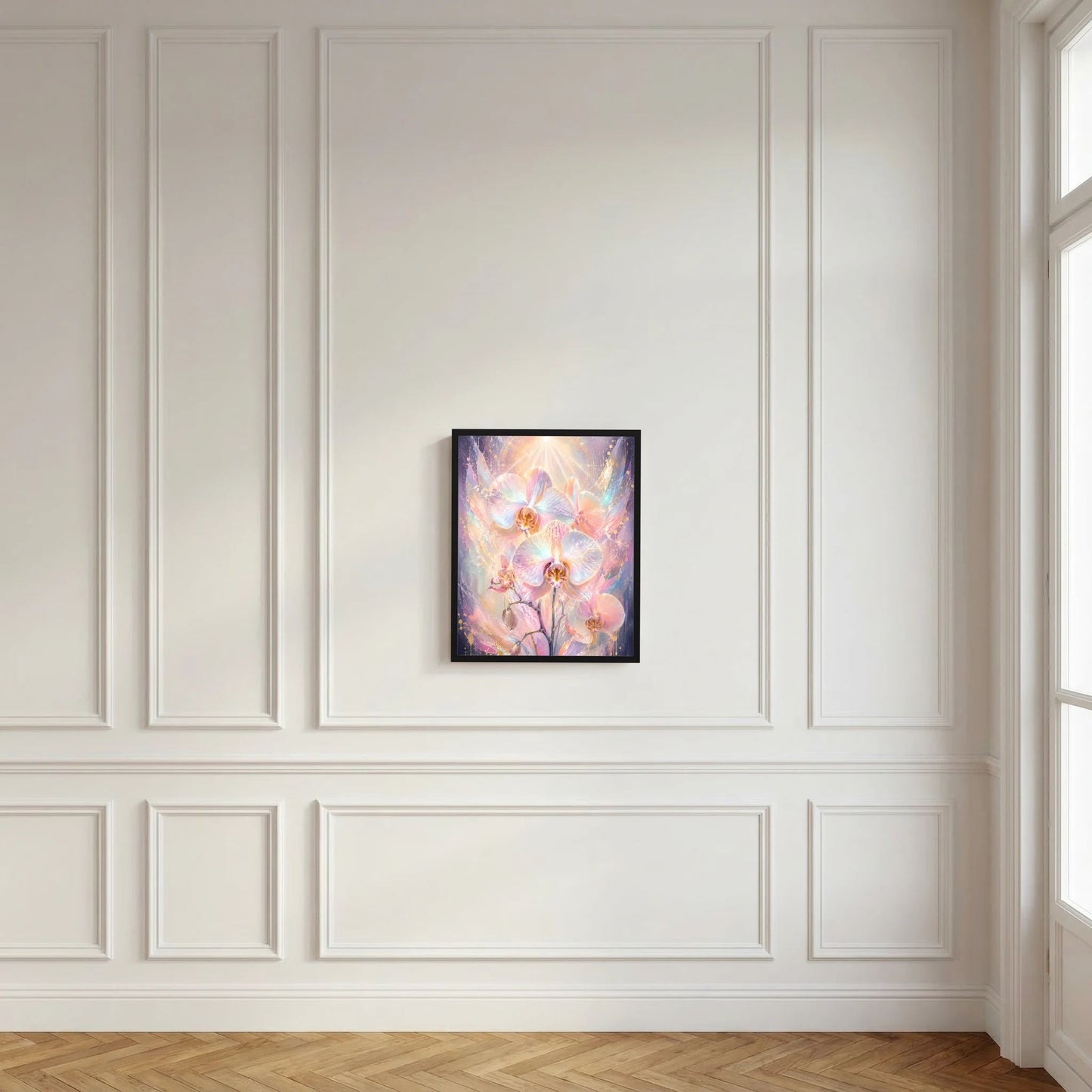 Orchideen-Poster mit schimmernden Blüten im schwarzen Rahmen an weißer Wand