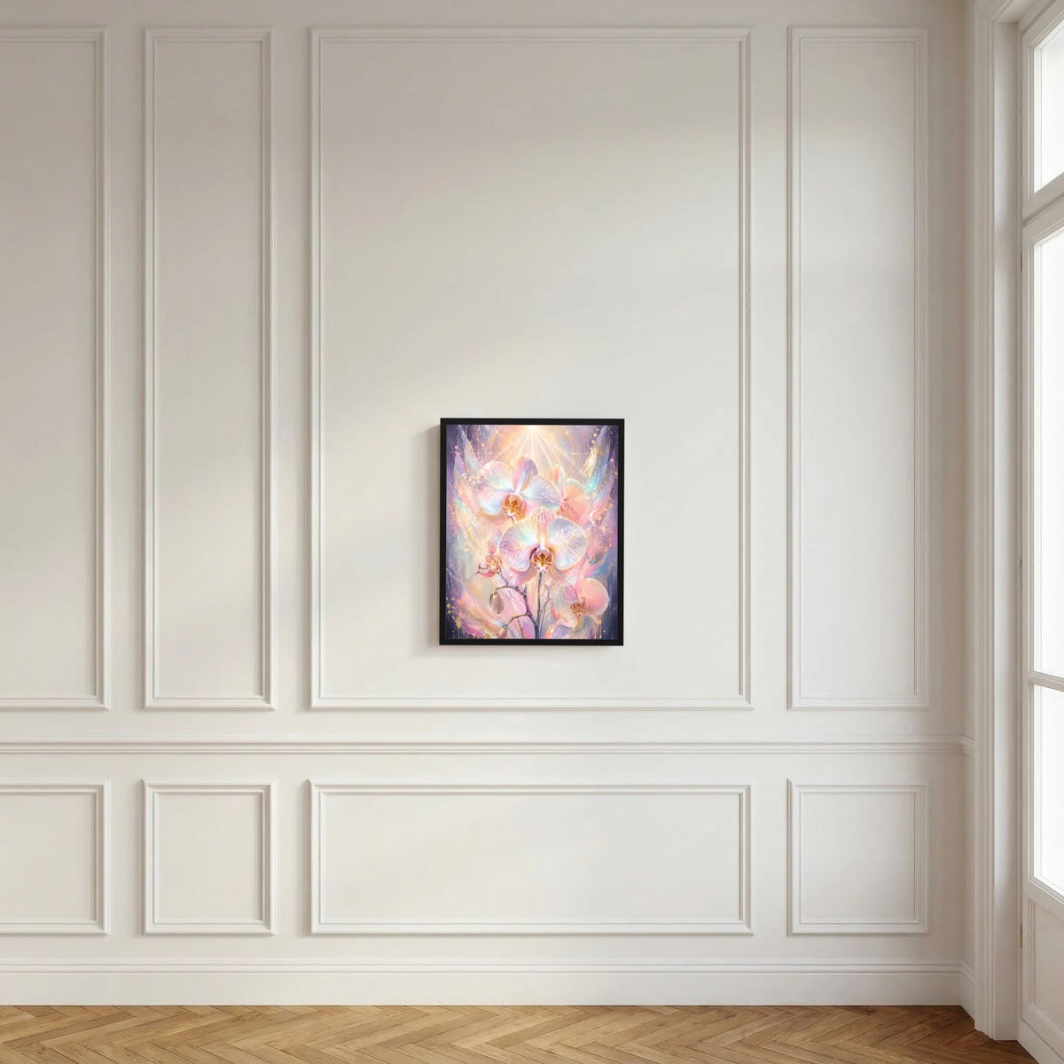 Orchideen-Poster mit schimmernden Blüten im schwarzen Rahmen an weißer Wand